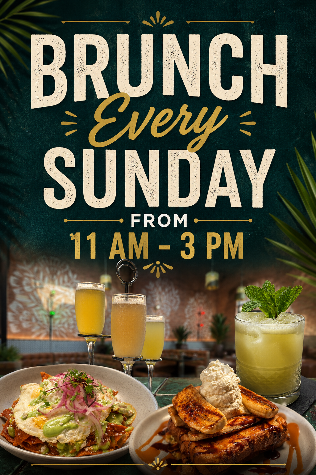 Brunch every Sunday from 11 AM to 3 PM — chilaquiles, French toast, mimosa flights