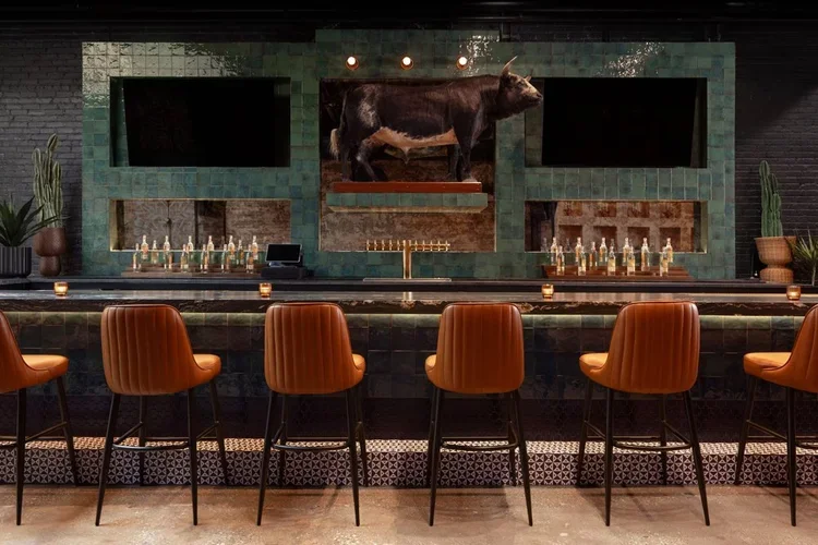 The green zellige-tiled bar with a mounted bull, brass taps, and leather barstools