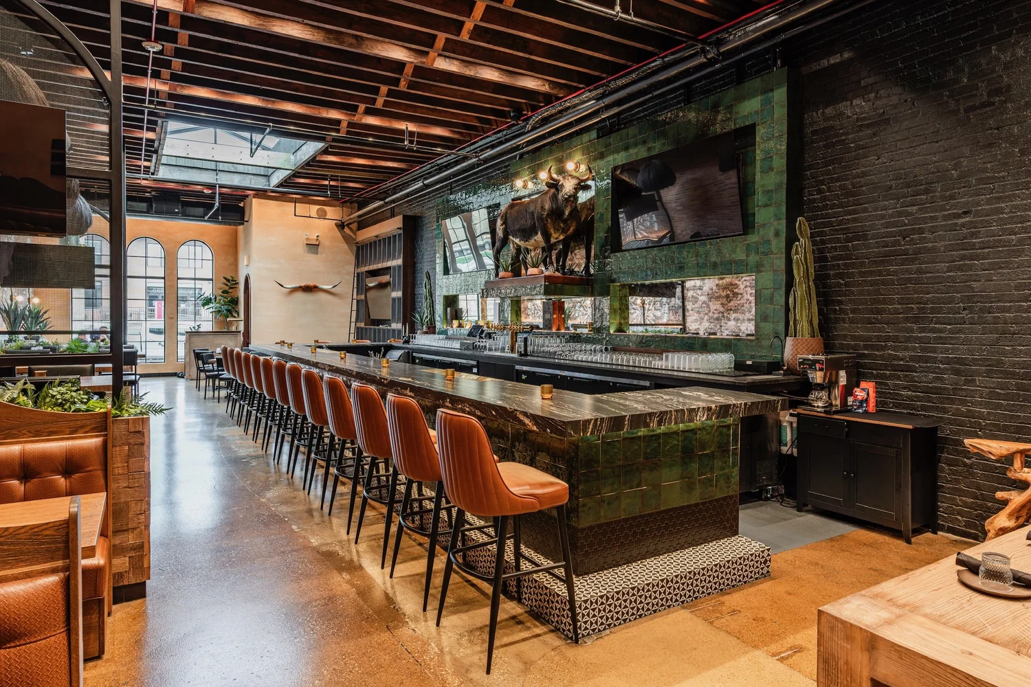 The long bar at golden hour, bull overlooking rows of cognac leather stools